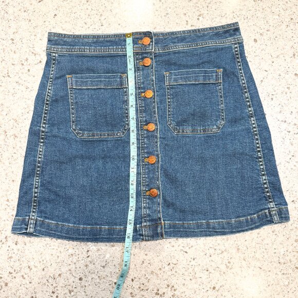 Madewell Stretch Denim A-Line Mini Skirt Dark Wash Patch Pockets Women's Size 8 - Picture 9 of 10